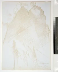 Paysage de montagne, pics jumeaux et arbres au premier plan, 1933