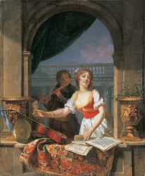 Une Jeune Femme Atteignant une Guitare à une Fenêtre en Pierre et un Garçon Jouant de la Flûte au-delà, 1796-97