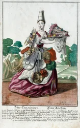 Un cuisinier. Gravure de Martin Engelbrecht dans "Nouvelle assemblée des manouvries habillées" 18ème siècle, Allemagne. Paris, Arts décoratifs