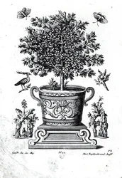 Arbre ornemental dans une urne sur une petite scène