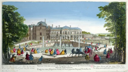 Vue du château de Saint-Cloud près de Versailles, milieu du XVIIIe siècle (gravure en couleur)