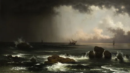 Scène côtière avec navire en train de couler, 1863