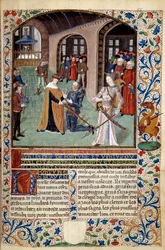 Allégorie de la Vertu : vassal rendant hommage à son seigneur en présence de la Vertu. Miniature du L