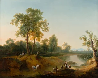 Cavaliers et pêcheurs dans un paysage fluvial