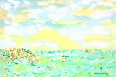 Prairie fleurie et ciel nuageux jaune abricot