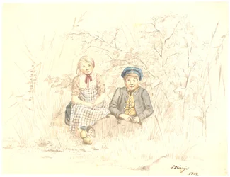 Garçon et fille assis dans la verdure
