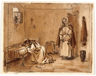 Étude de composition avec une femme pleurant à genoux, une lettre sur le sol, derrière elle une nonne