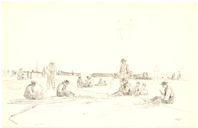 Pêcheurs réparant des filets sur la plage, Skagen