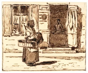Scène de rue italienne (?) avec femme portant des paniers