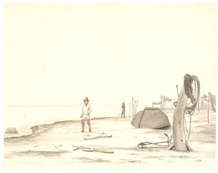 Scène de plage avec bateau renversé et deux pêcheurs