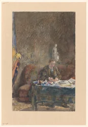 Intérieur avec homme écrivant sur un canapé derrière une table