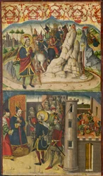 Saint Christophe rencontre Satan, Saint Christophe devant le roi de Lycie, 1480-85