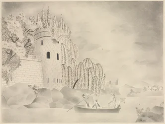 La tour solitaire (château sur une rivière avec des saules et un bateau)