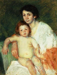 Bébé nu sur les genoux de sa mère, le bras droit reposant sur le dossier de la chaise, 1913