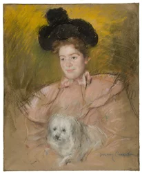 Femme en costume framboise tenant un chien, vers 1901