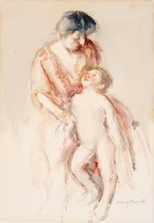 Femme avec garçon nu à sa gauche