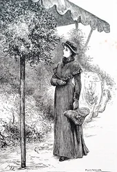 Une femme achetant du houx pour les décorations de Noël. Par Mary Ellen Edwards (1838-1934), une artiste anglaise