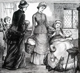 Une femme offrant des cadeaux à un pauvre paysan. Par Mary Ellen Edwards (1838-1934) une artiste anglaise