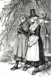 Gravure représentant des filles galloises à une foire de Hollantide, une foire de recrutement, attendant d