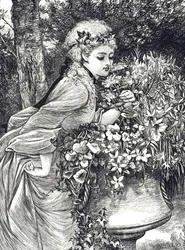 Gravure représentant une jeune fille sentant des fleurs dans une urne de jardin. Illustrée par Mary Ellen Edwards