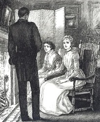 Gravure représentant deux femmes se réchauffant près de la cheminée