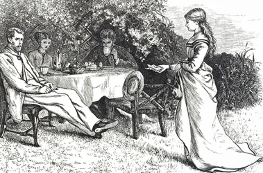 Illustration représentant une famille prenant le petit déjeuner dans le jardin