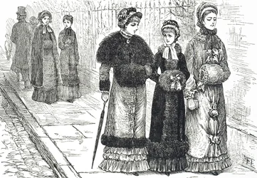 Illustration représentant des jeunes femmes avec des manchons, pour garder leurs mains au chaud par temps froid