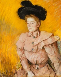 Femme au chapeau noir et costume rose framboise, v. 1899
