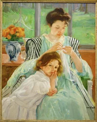 Jeune mère cousant (peinture sur toile)