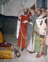 Épisodes de la Saint-Sylvestre : le pape Saint Sylvestre Ier (314-335) ressuscite deux mages. Fresque de Maso di Banco (vers 1341-1346) 14ème siècle Florence, Église Santa Croce, Chapelle Bardi