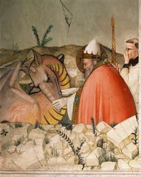 Épisodes de la vie de la Saint-Sylvestre : le pape Saint Sylvestre I ferme la gueule du dragon (détail)