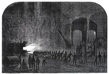 Laminage de plaques de blindage pour les navires de Sa Majesté aux aciéries Atlas, Sheffield, illustration tirée de «The Illustrated London News», 14 septembre 1861