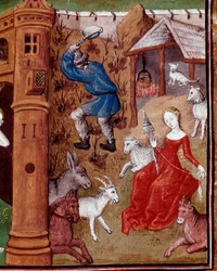 Adam cueillant la terre et Ève filant la laine après avoir été chassés du Paradis terrestre. Miniature tirée de Des cas des nobles hommes et femmes infortunés (De casibus) de Giovanni Boccaccio dit Jean Boccace (1313-1375), Italie