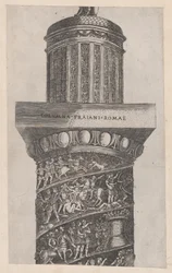Speculum Romanae Magnificentiae : La partie supérieure de la Colonne Trajane, montrant ara..., 16e siècle