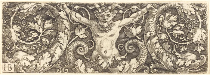 Ornement avec Satyre Fantastique et Dauphins