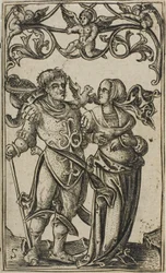 Dame et gentilhomme marchant vers la droite