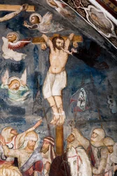 Le voleur impénitent, crucifié avec Jésus, son âme est arrachée de sa bouche par un démon