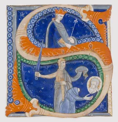 Enluminure de manuscrit avec la décapitation de Saint Paul dans une initiale S, d