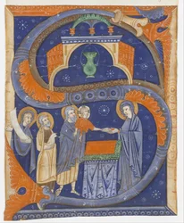 Enluminure de manuscrit avec la Présentation du Christ au Temple dans une initiale S..., vers 1278