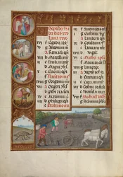 Page du calendrier de septembre ; Labour et semailles ; Scorpion
