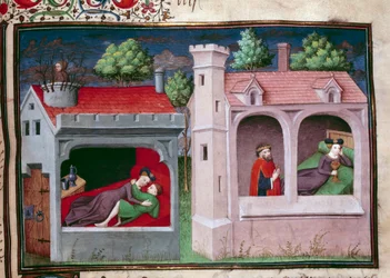 Scène galante : deux couples discutant. Page d