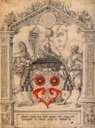 French : Fenêtre de Hercules Göldlin avec les saints Konrad, Pelagius et Petrus