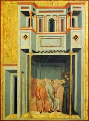 Sainte Cécile et Valérien convertissant Tiburce, détail du retable représentant la Légende de Sainte Cécile, vers 1304, par Maître de Sainte Cécile
