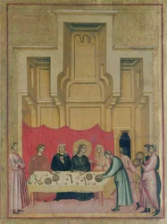 Sainte Cécile et Scènes de sa Vie (détail montrant Sainte Cécile mangeant à une table)