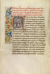 Initiale A : Le corps de saint Antoine transporté à Constantinople et la guérison de deux lépreux après avoir touché le corps du saint