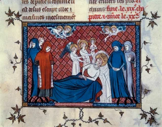 Mort de Saint Louis à Tunis le 25 août 1270. Miniature du manuscrit « Vie et miracles de Saint Louis » enluminée par Mahiet et écrite par Guillaume de Saint-Pathus