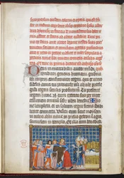 Cotton Tiberius B. VIII f.47v Le roi retirant ses vêtements de dessus, illustration tirée du « Livre du sacre de Charles V, roi de France »