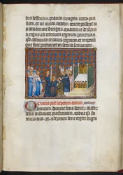Cotton Tiberius B. VIII f.58r Le roi recevant le sceptre et la verge (« Main de Justice »), tiré du « Livre du sacre de Charles V, roi de France »