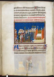 Cotton Tiberius B. VIII f.59v, Les pairs de France soutenant la couronne, illustration tirée du « Livre du sacre de Charles V, roi de France »