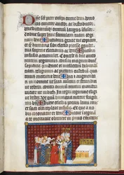 Cotton Tiberius B. VIII f.70r Des barons soutenant la couronne de la reine, tiré du « Livre du sacre de Charles V, roi de France »
